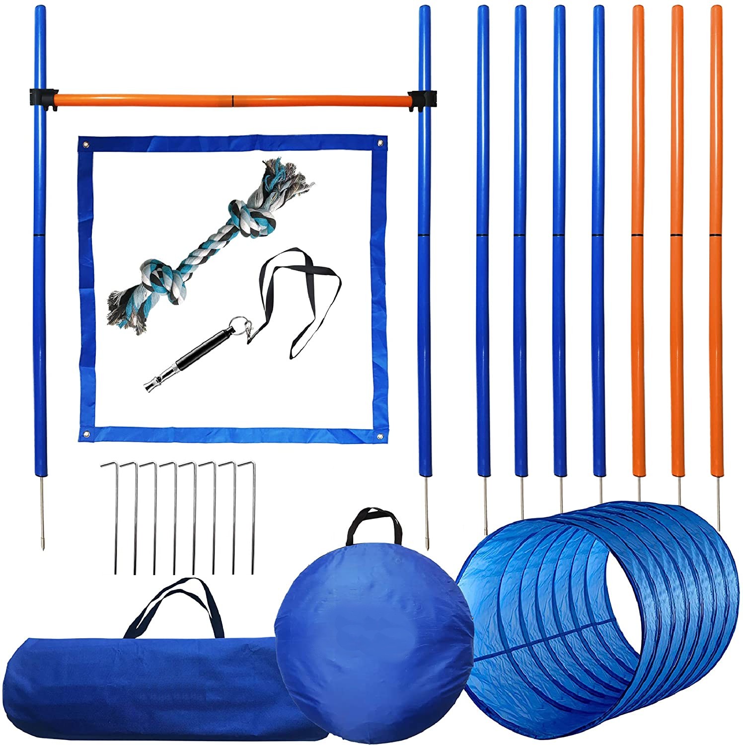 Agility Hurdle Set - ペットの犬、敏捷性ロッド、ジャンプ、ハードルの実行、トンネルトレーナー、7個のポール、直径60cm